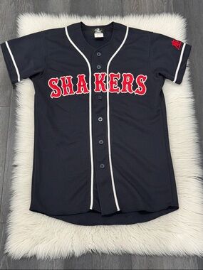 Navy Baseball Jersey with Red Lettering